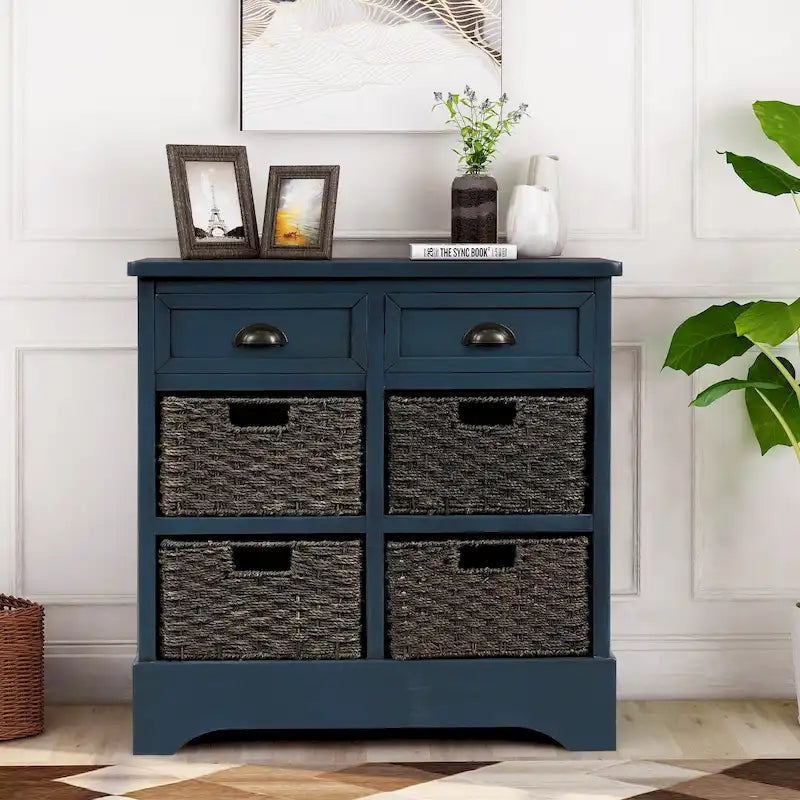 Mobiletto rustico con 2 cassetti e 4 cesti in rattan
