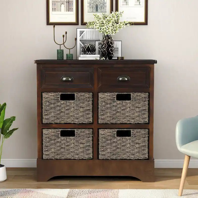 Mobiletto rustico con 2 cassetti e 4 cesti in rattan