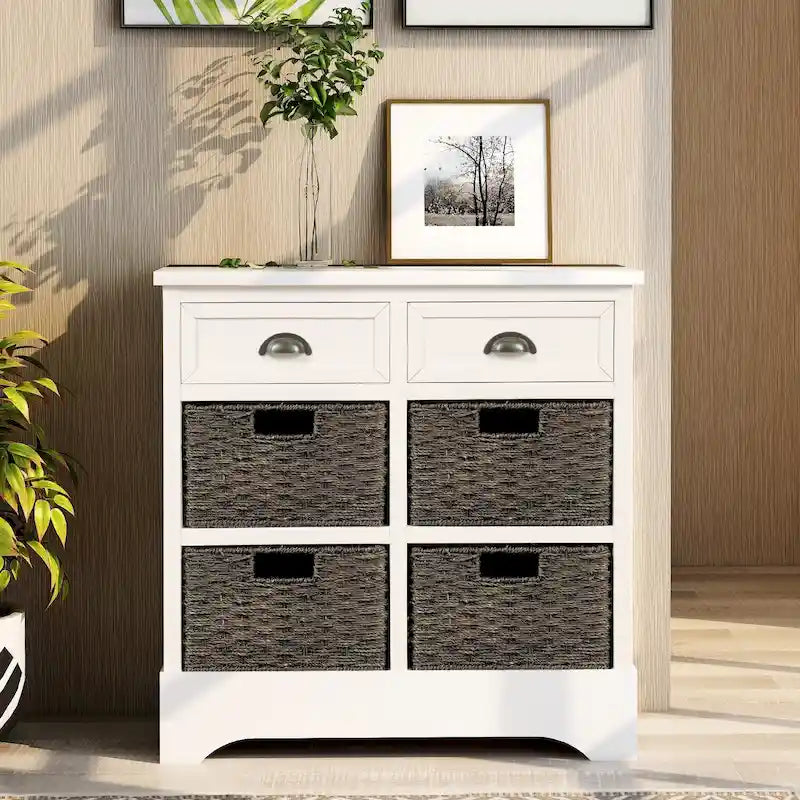 Mobiletto rustico con 2 cassetti e 4 cesti in rattan