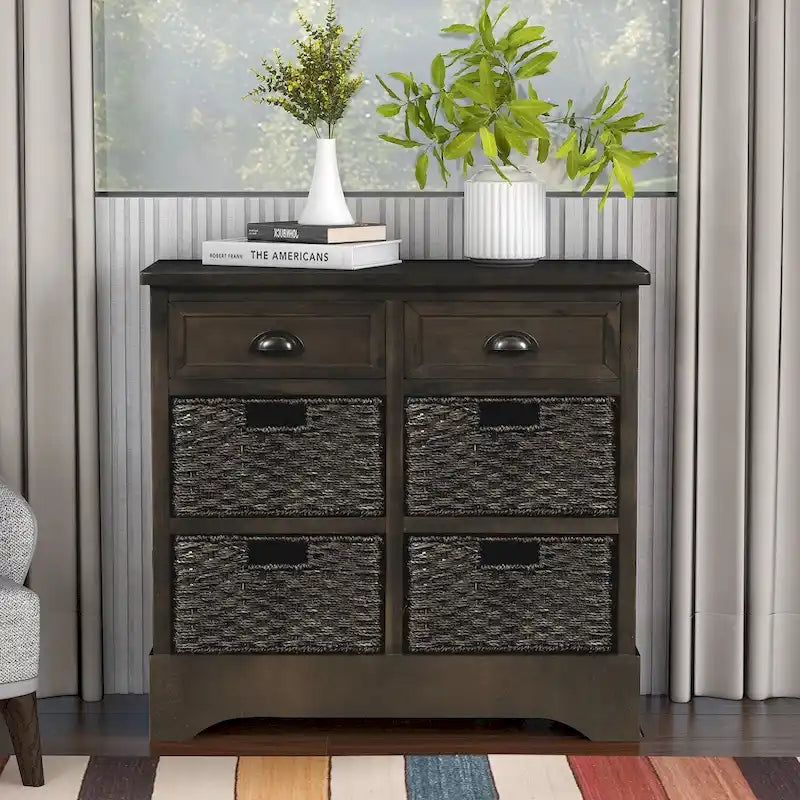 Mobiletto rustico con 2 cassetti e 4 cesti in rattan