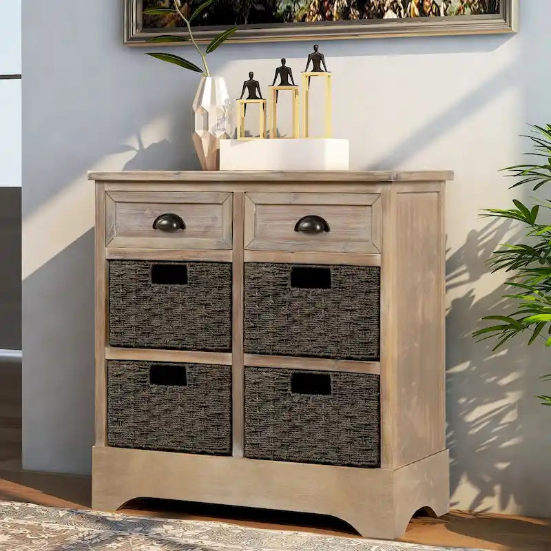 Mobiletto rustico con 2 cassetti e 4 cesti in rattan
