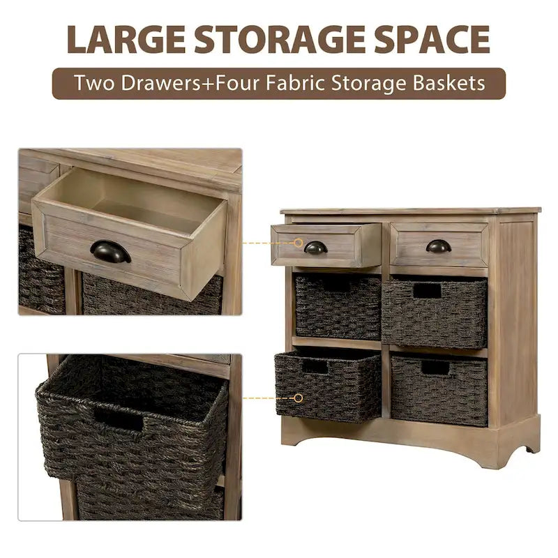 Mobiletto rustico con 2 cassetti e 4 cesti in rattan