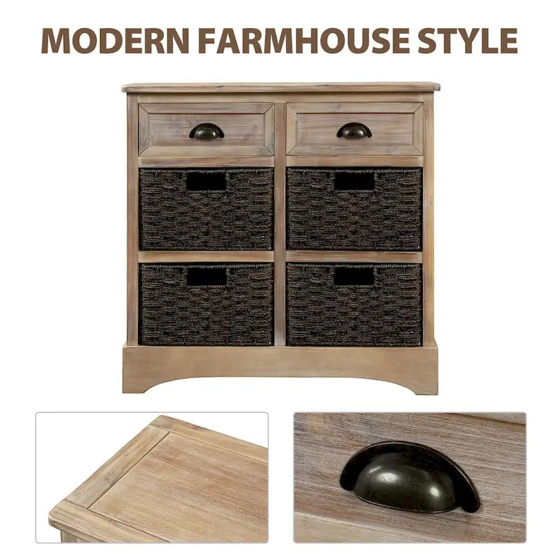 Mobiletto rustico con 2 cassetti e 4 cesti in rattan