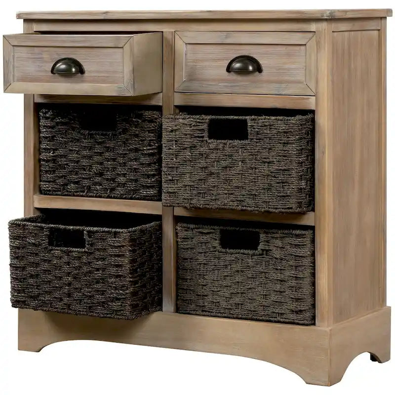 Mobiletto rustico con 2 cassetti e 4 cesti in rattan