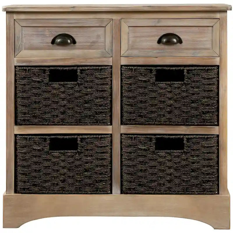 Mobiletto rustico con 2 cassetti e 4 cesti in rattan