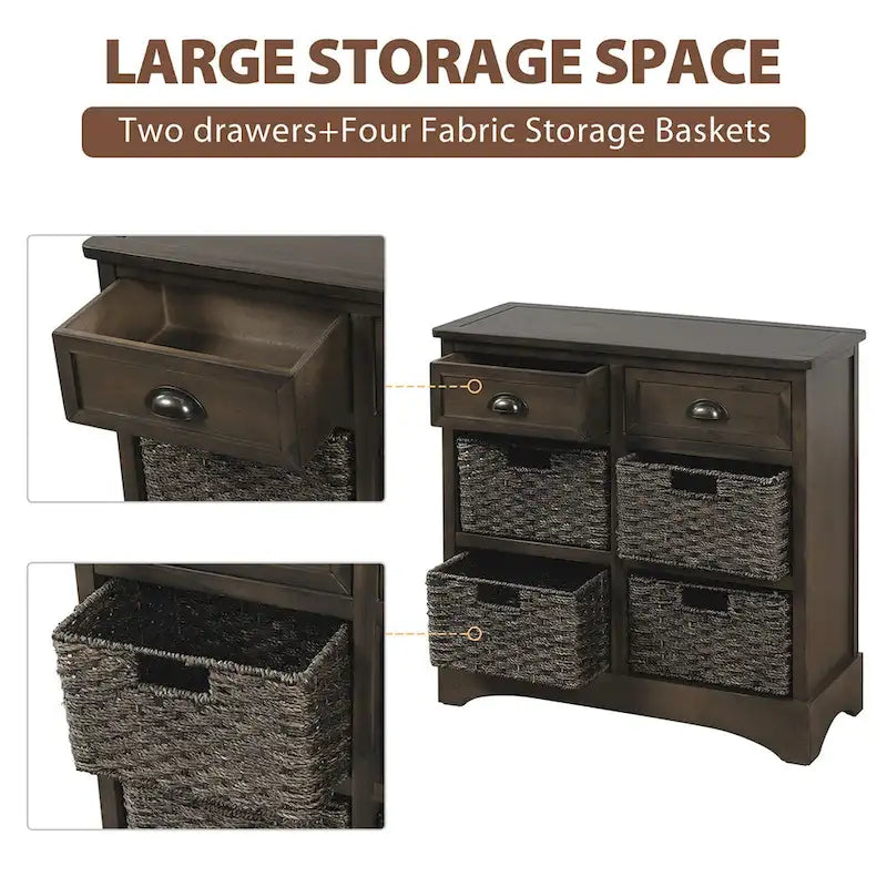 Mobiletto rustico con 2 cassetti e 4 cesti in rattan