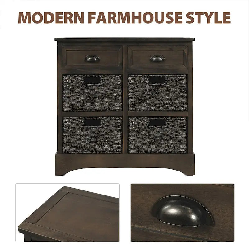 Mobiletto rustico con 2 cassetti e 4 cesti in rattan