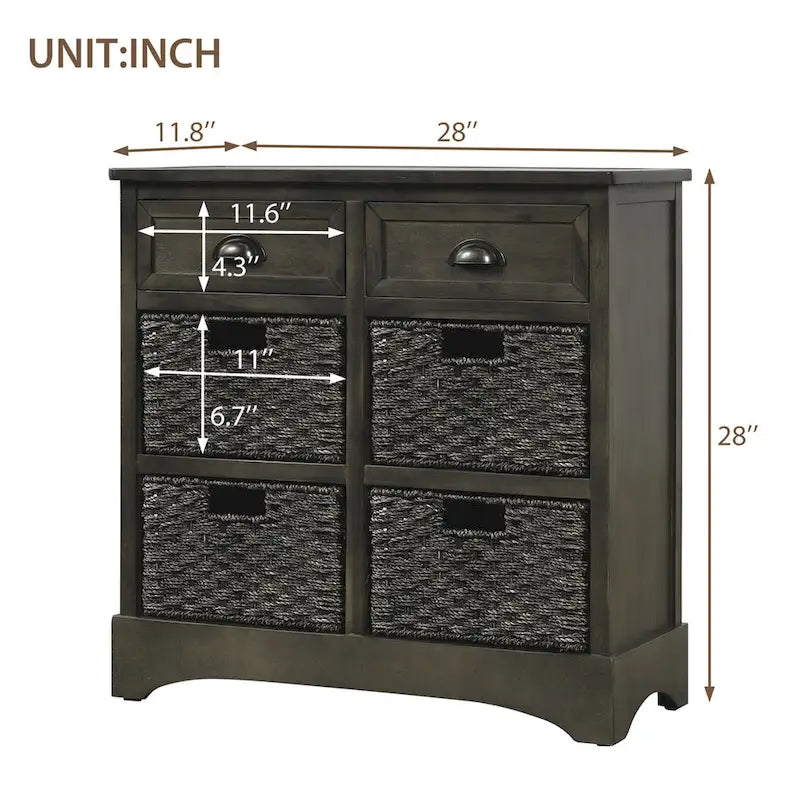 Mobiletto rustico con 2 cassetti e 4 cesti in rattan