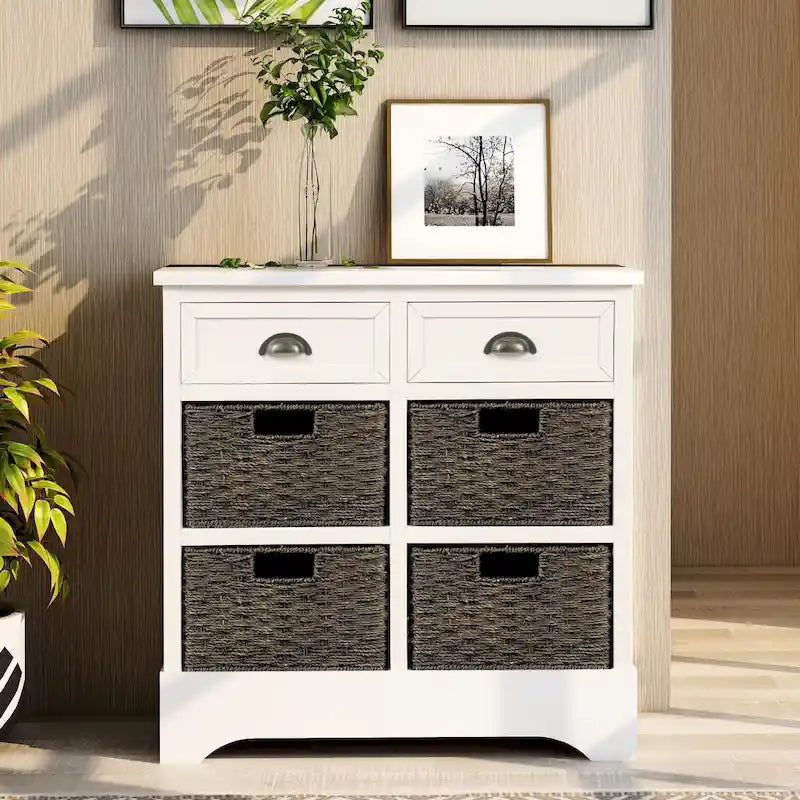 Mobiletto rustico con 2 cassetti e 4 cesti in rattan
