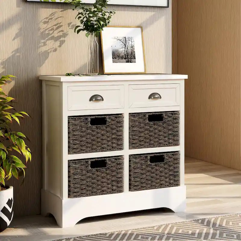Mobiletto rustico con 2 cassetti e 4 cesti in rattan