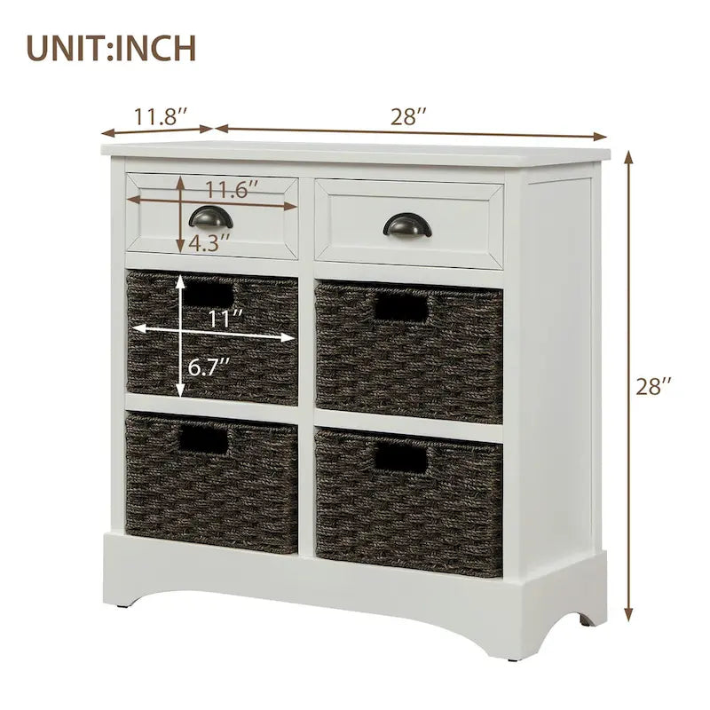 Mobiletto rustico con 2 cassetti e 4 cesti in rattan