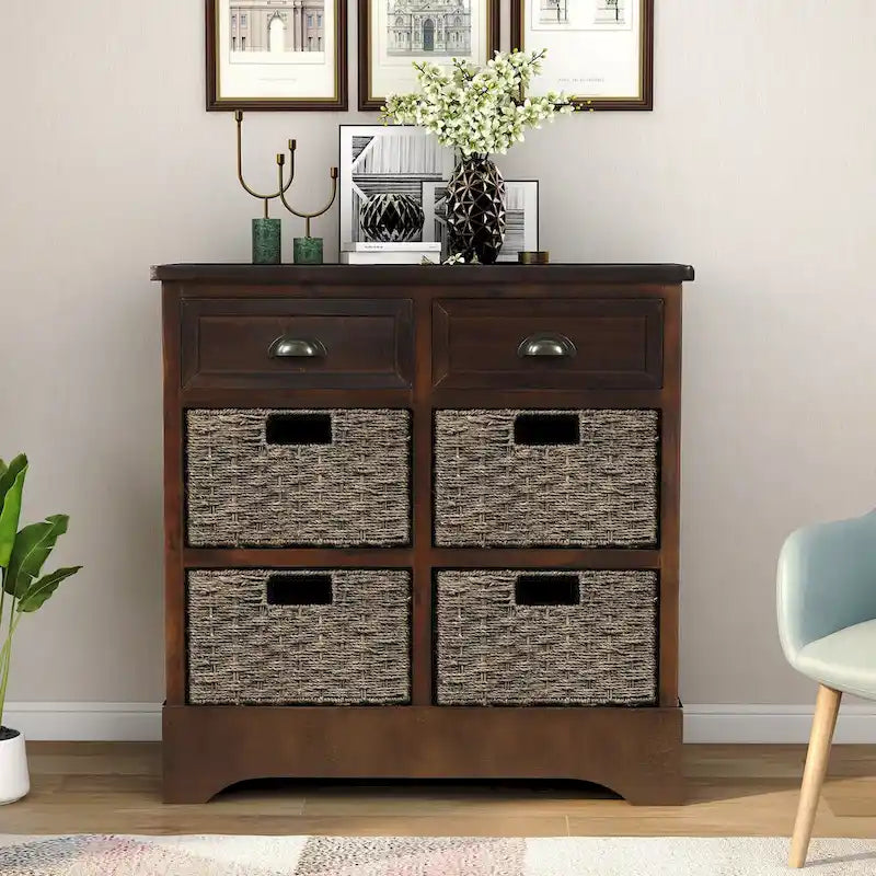 Mobiletto rustico con 2 cassetti e 4 cesti in rattan