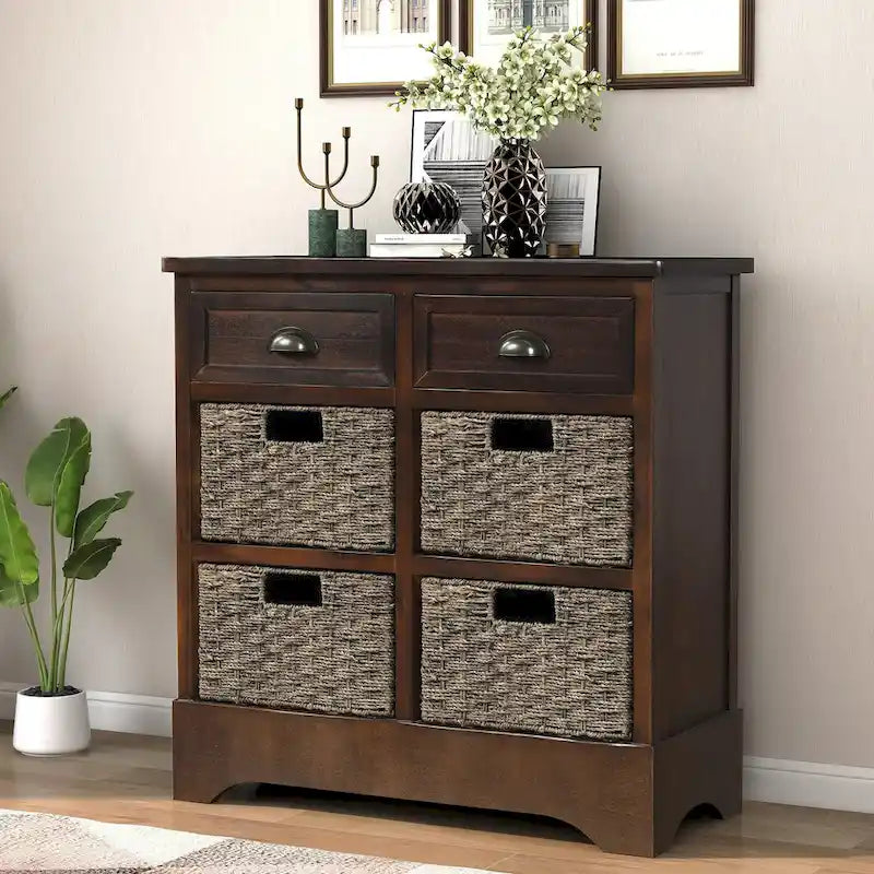 Mobiletto rustico con 2 cassetti e 4 cesti in rattan