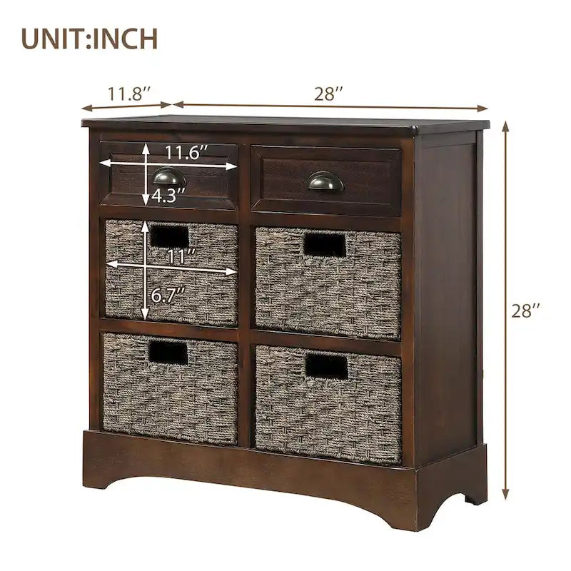 Mobiletto rustico con 2 cassetti e 4 cesti in rattan