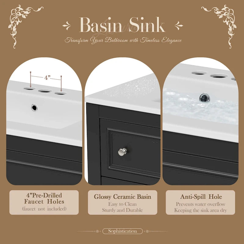 Mobile bagno da 90 cm con lavabo in ceramica sottopiano e 4 cassetti
