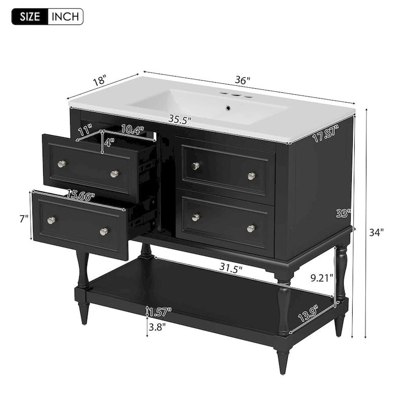 Mobile bagno da 90 cm con lavabo in ceramica sottopiano e 4 cassetti