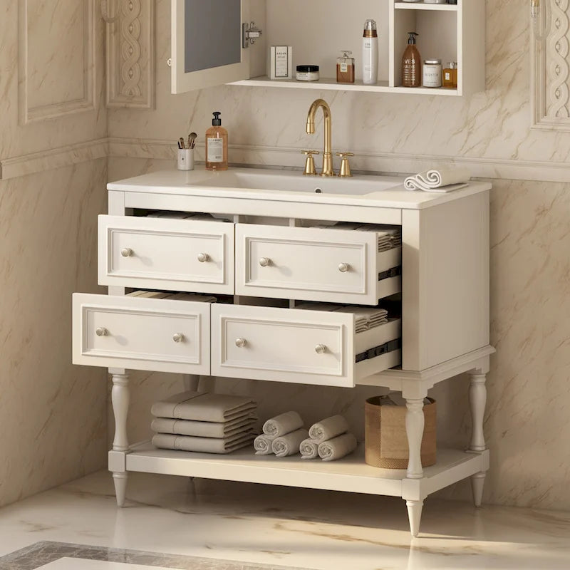 Mobile bagno da 90 cm con lavabo in ceramica sottopiano e 4 cassetti