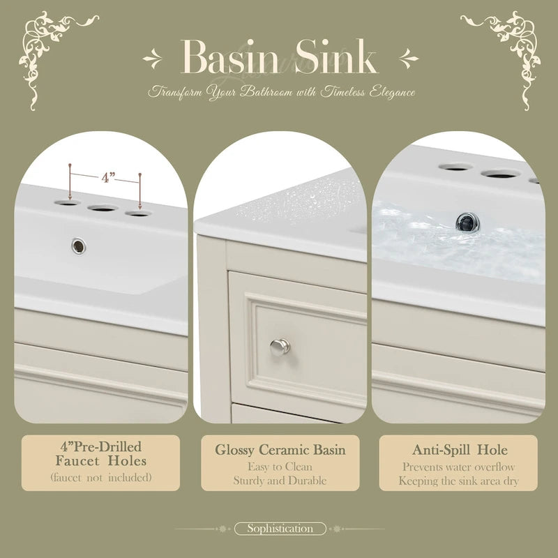Mobile bagno da 90 cm con lavabo in ceramica sottopiano e 4 cassetti