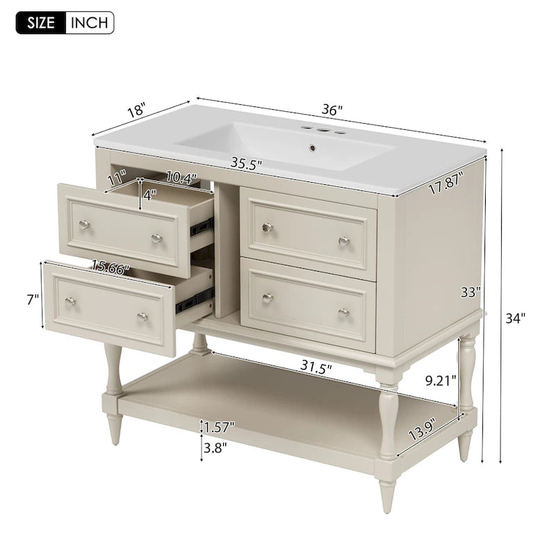 Mobile bagno da 90 cm con lavabo in ceramica sottopiano e 4 cassetti