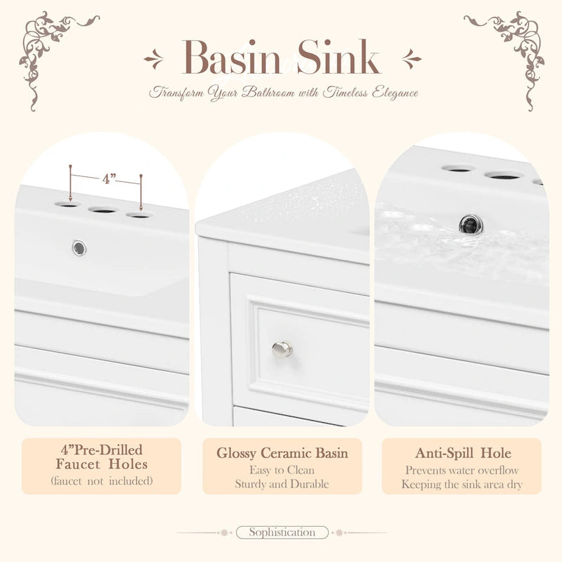 Mobile bagno da 90 cm con lavabo in ceramica sottopiano e 4 cassetti