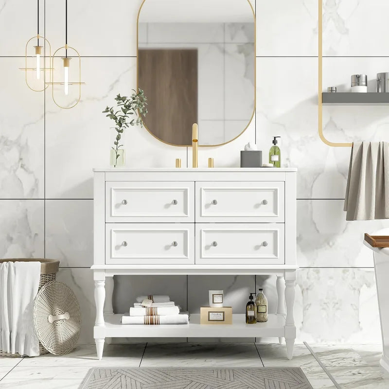 Mobile bagno da 90 cm con lavabo in ceramica sottopiano e 4 cassetti