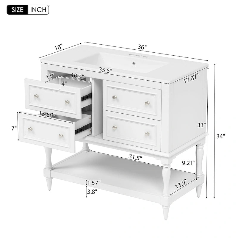 Mobile bagno da 90 cm con lavabo in ceramica sottopiano e 4 cassetti