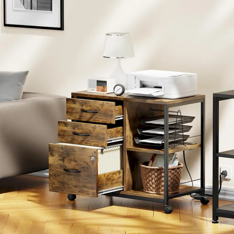 Classificatore in legno a 3 cassetti con presa di corrente integrata e rotelle