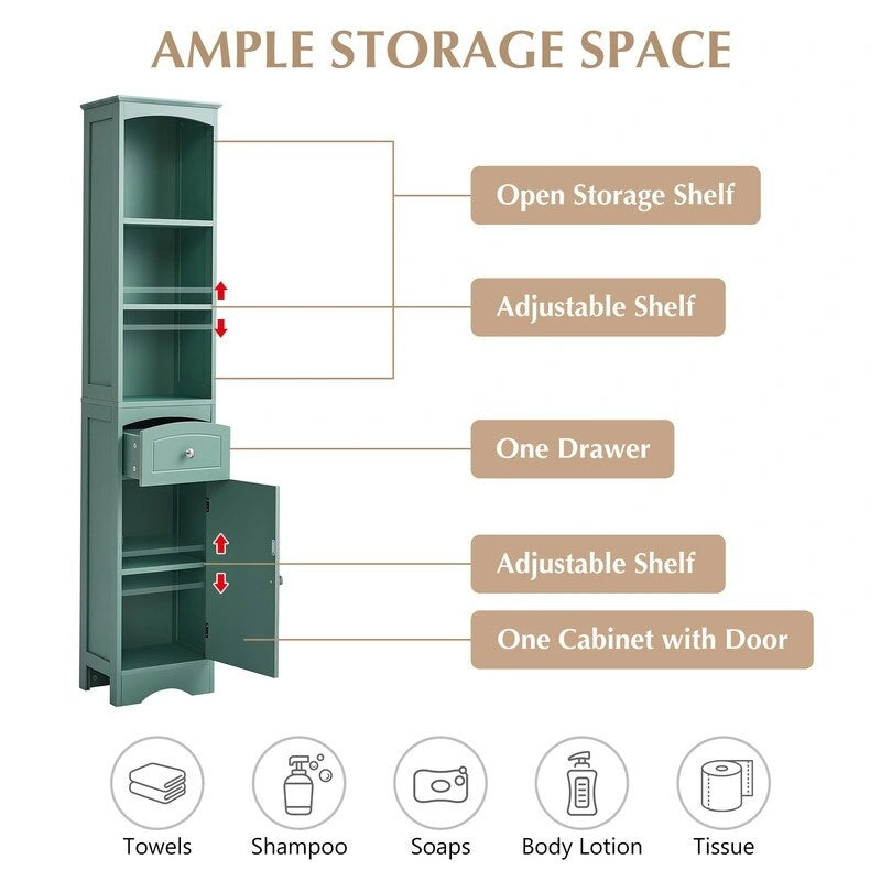 Mobile contenitore da bagno alto 170 cm con cassetto e ripiano regolabile, verde