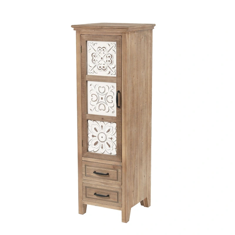 Mobile Contenitore Alto e Stretto in Legno con 2 Cassetti e 1 Anta - 122,7 cm di Altezza