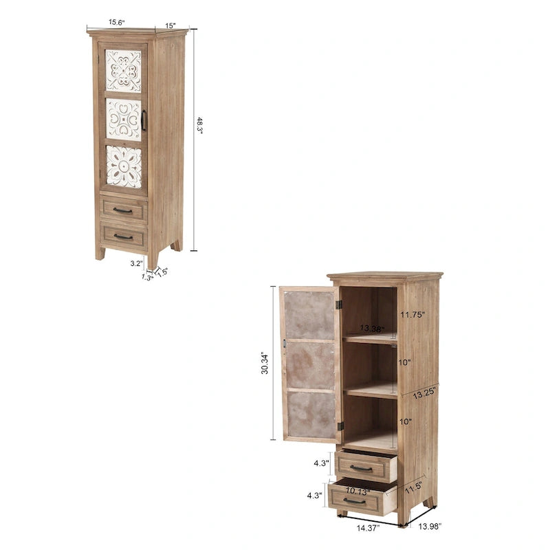 Mobile Contenitore Alto e Stretto in Legno con 2 Cassetti e 1 Anta - 122,7 cm di Altezza