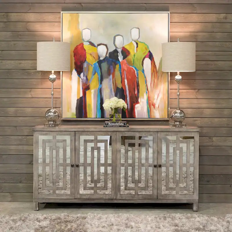 Credenza a specchio smussato con finitura grigio lavato a 4 ante