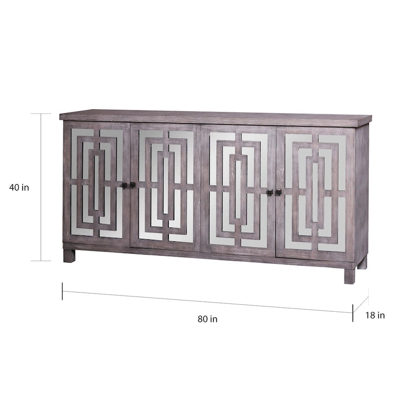 Credenza a specchio smussato con finitura grigio lavato a 4 ante