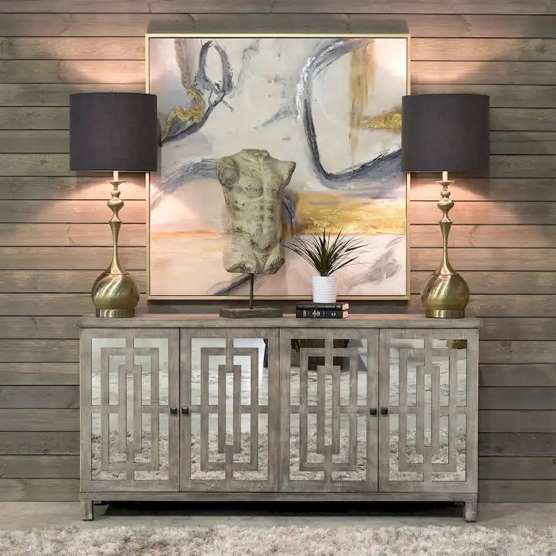 Credenza a specchio smussato con finitura grigio lavato a 4 ante