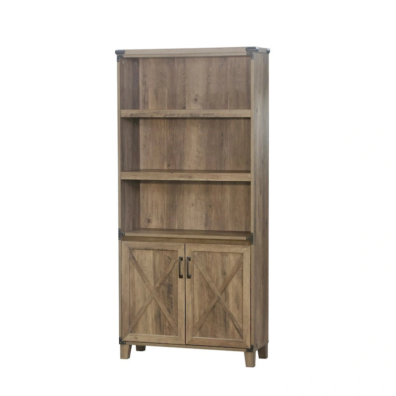 Libreria a 2 ante con ripiani aperti stile rustico, finitura rovere anticato, 30,5 x 78 x 171 cm (L x P x A)