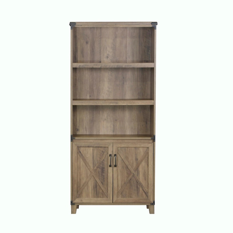 Libreria a 2 ante con ripiani aperti stile rustico, finitura rovere anticato, 30,5 x 78 x 171 cm (L x P x A)