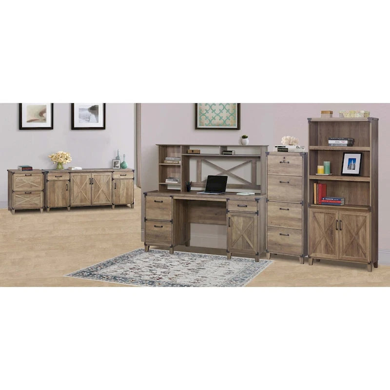 Libreria a 2 ante con ripiani aperti stile rustico, finitura rovere anticato, 30,5 x 78 x 171 cm (L x P x A)