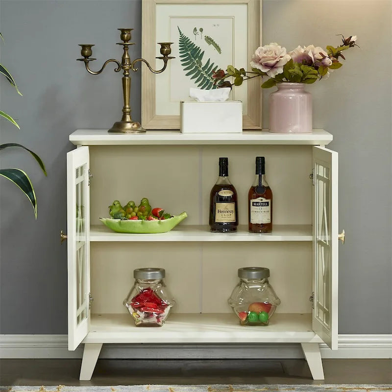 Credenza Bianca con Ante in Vetro Temperato e Ripiani Regolabili