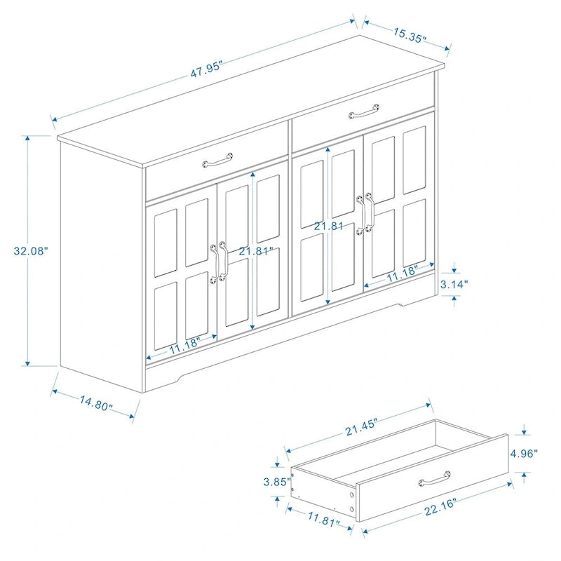 Madia Credenza con 2 Cassetti e 4 Ante