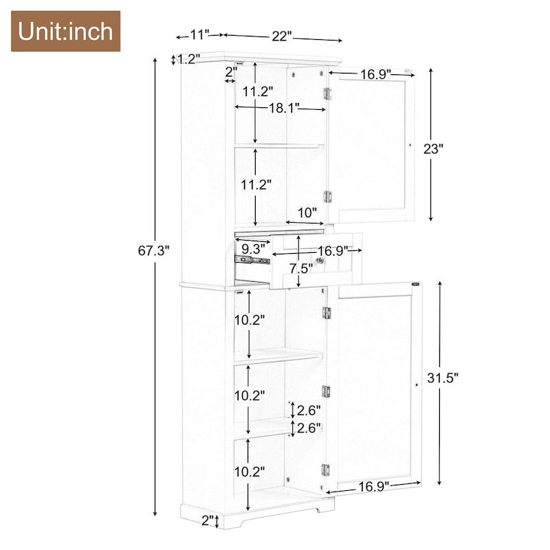 Armadietto da bagno alto 170 cm con cassetto e ripiano regolabile