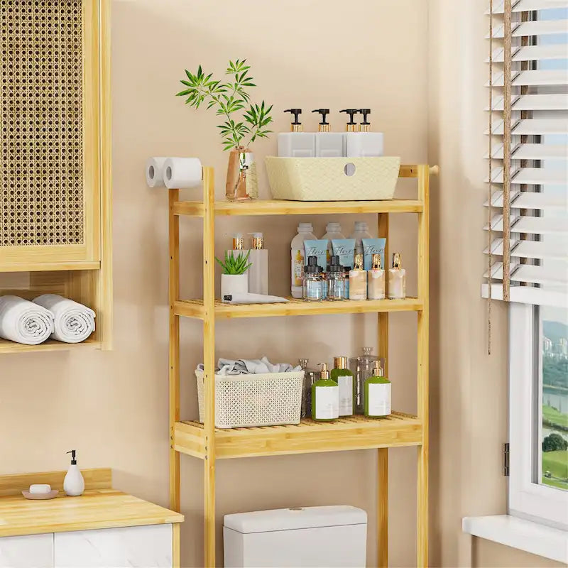 Scaffale portaoggetti in bambù da bagno sopra il WC con ripiani regolabili