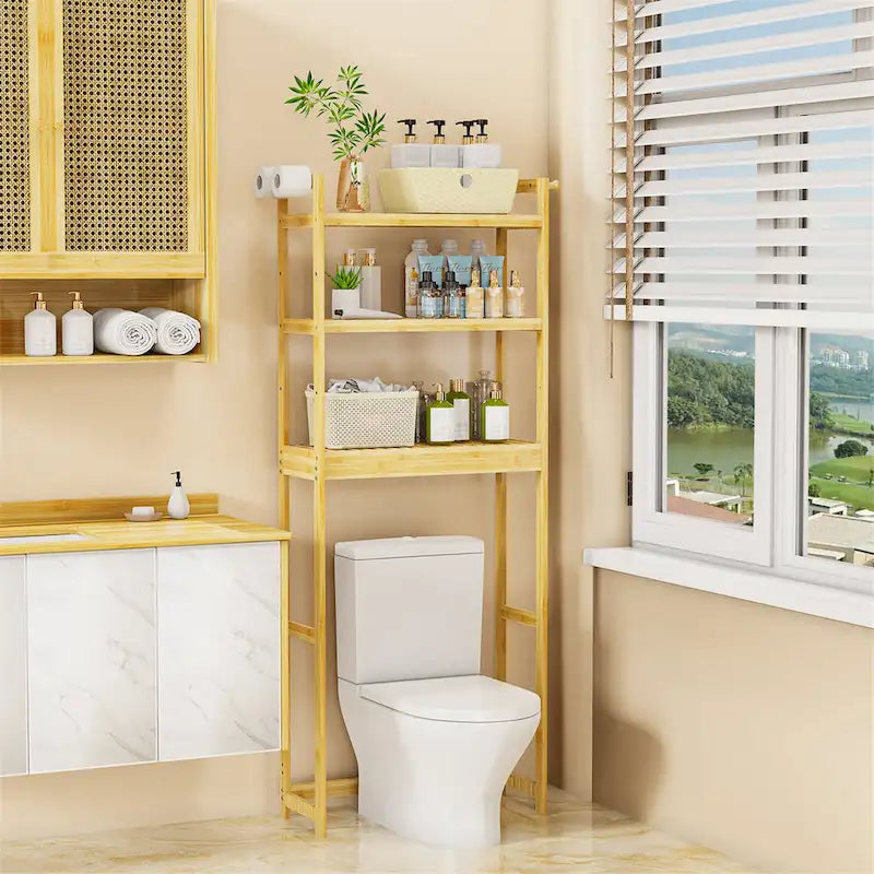 Scaffale portaoggetti in bambù da bagno sopra il WC con ripiani regolabili